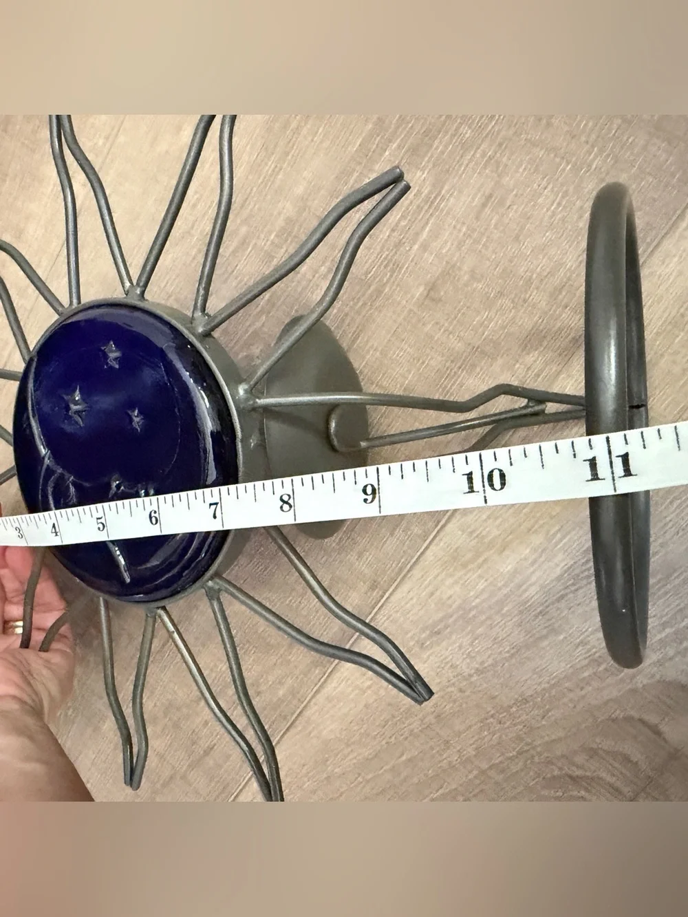Vintage Blue Cobalt Glass Wrought Iron Candle Holder Celestial Moon Star Sky 11”